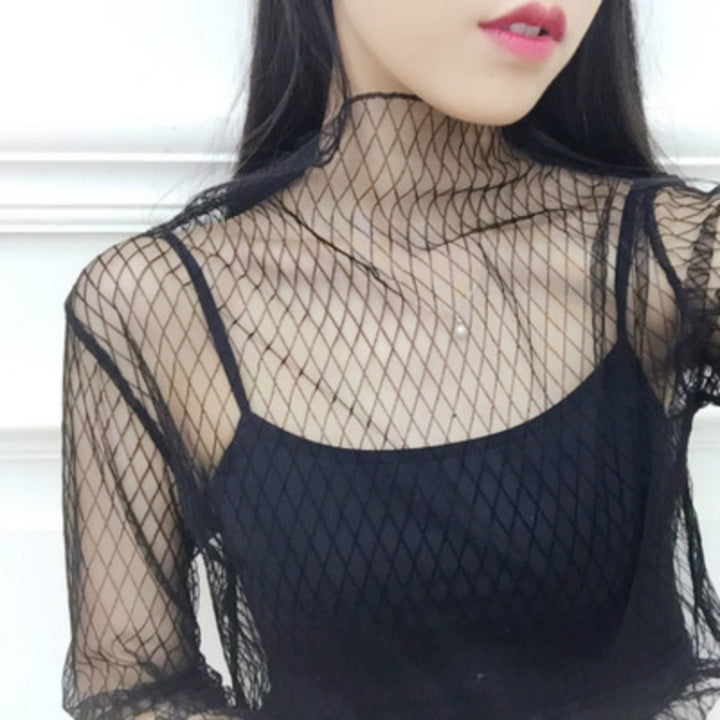 Sexy Mesh High Collar Long Sleeve Bottoming Blouse, One Size