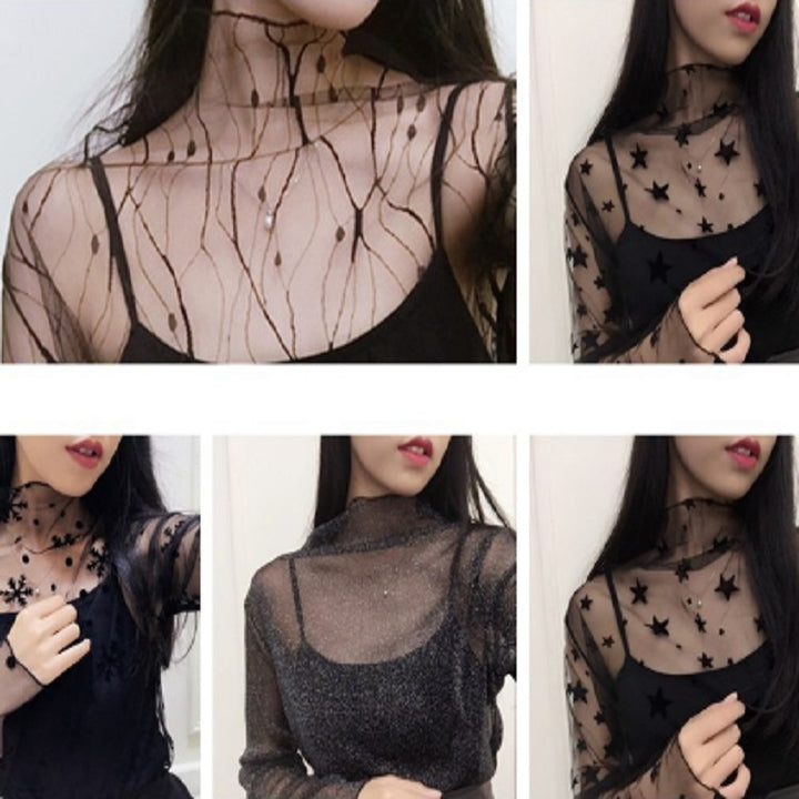 Sexy Mesh High Collar Long Sleeve Bottoming Blouse, One Size