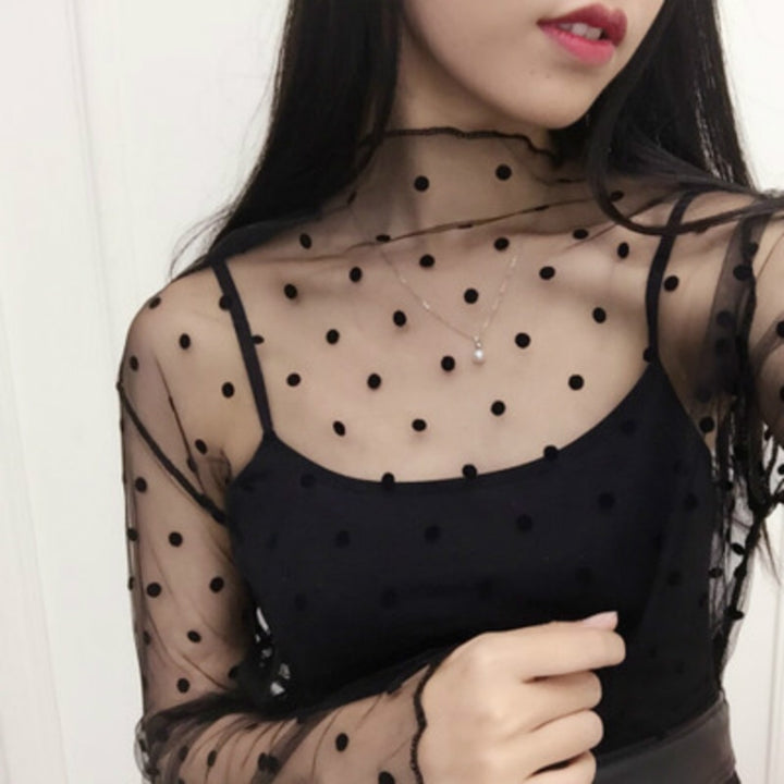 Sexy Mesh High Collar Long Sleeve Bottoming Blouse, One Size