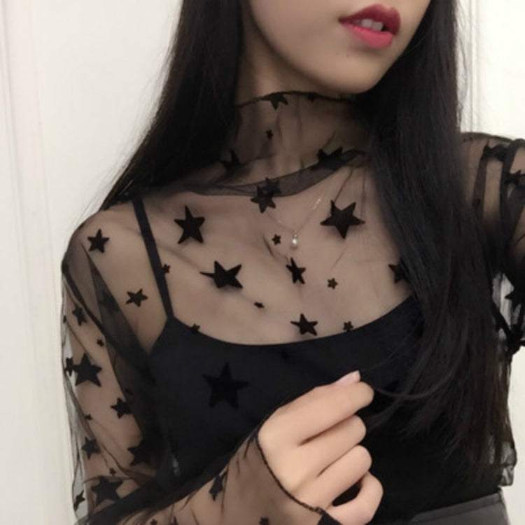 Sexy Mesh High Collar Long Sleeve Bottoming Blouse, One Size