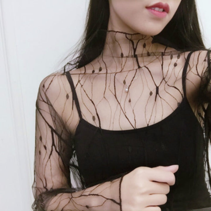 Sexy Mesh High Collar Long Sleeve Bottoming Blouse, One Size