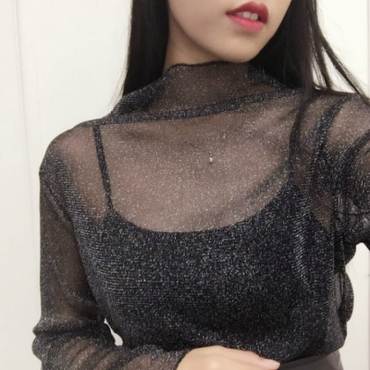 Sexy Mesh High Collar Long Sleeve Bottoming Blouse, One Size