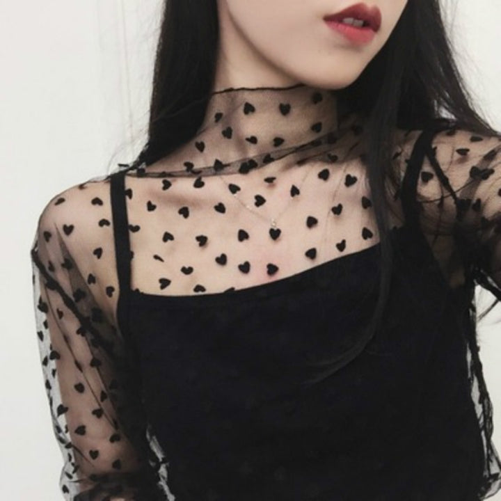 Sexy Mesh High Collar Long Sleeve Bottoming Blouse, One Size