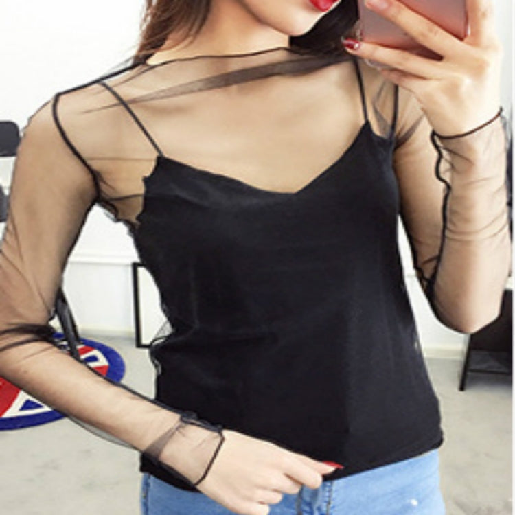 Sexy Mesh High Collar Long Sleeve Bottoming Blouse, One Size