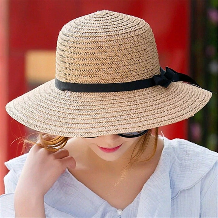 Grass Woven Wide-brimmed Foldable Hat Beach Sun Hat with bow for Women