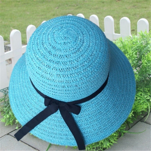 Grass Woven Wide-brimmed Foldable Hat Beach Sun Hat with bow for Women