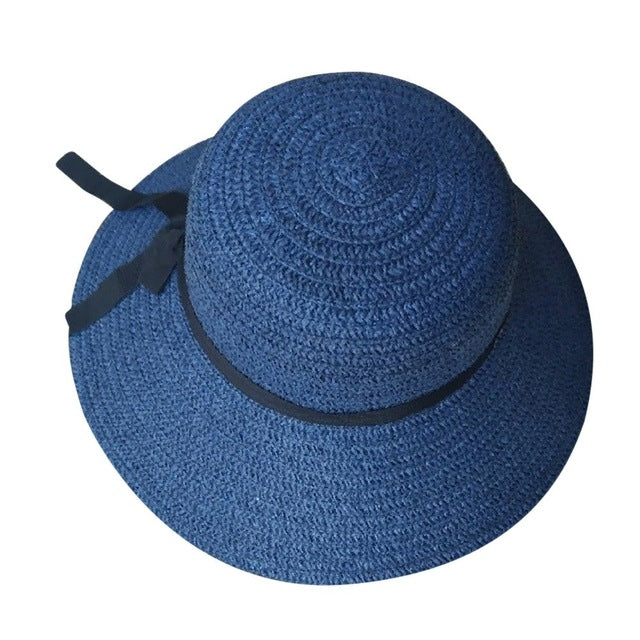 Grass Woven Wide-brimmed Foldable Hat Beach Sun Hat with bow for Women