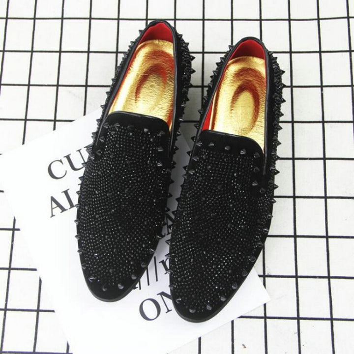 Men Rivet Rhinestone Black Pointed Toe Flats Shoes, 38, 39, 40, 41, 42, 43, 44