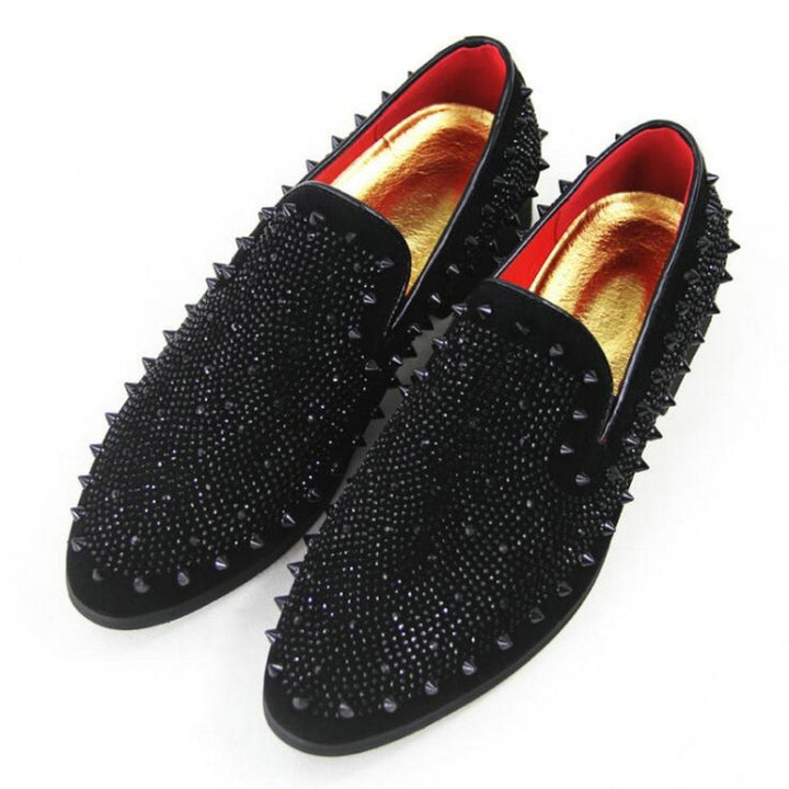 Men Rivet Rhinestone Black Pointed Toe Flats Shoes, 38, 39, 40, 41, 42, 43, 44