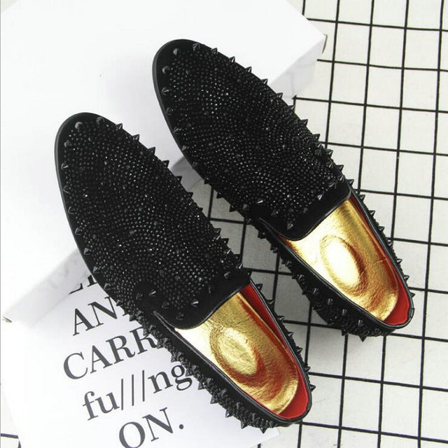 Men Rivet Rhinestone Black Pointed Toe Flats Shoes, 38, 39, 40, 41, 42, 43, 44