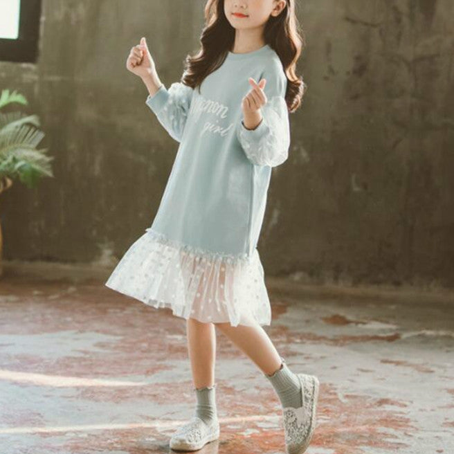 Autumn Girls Fashion Letter Pattern Long Sleeve Lace Stitching Dress, 120 Yards, 130 Yards, 140 Yards, 150 Yards, 160 Yards