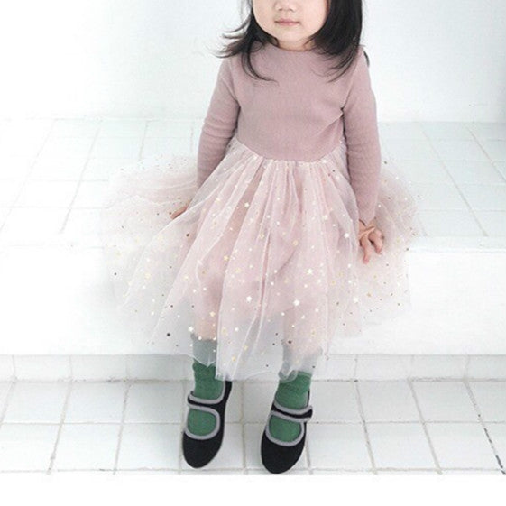 Winter Girls Patchwork Five-pointed Star Mesh Long-sleeved Dress, 73cm, 80cm, 90cm, 100cm, 110cm