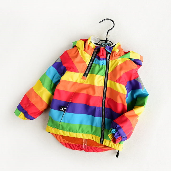 Autumn and Winter Children Fleece Rainbow Striped Diagonal Zipper Hooded Windbreaker, 90cm, 100cm, 110cm, 120cm, 130cm, 140cm