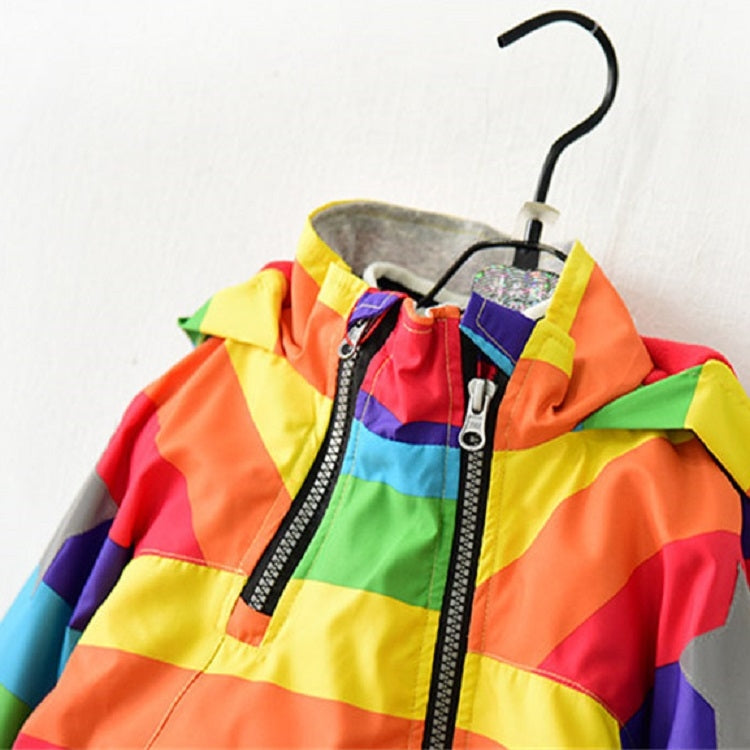 Autumn and Winter Children Fleece Rainbow Striped Diagonal Zipper Hooded Windbreaker, 90cm, 100cm, 110cm, 120cm, 130cm, 140cm