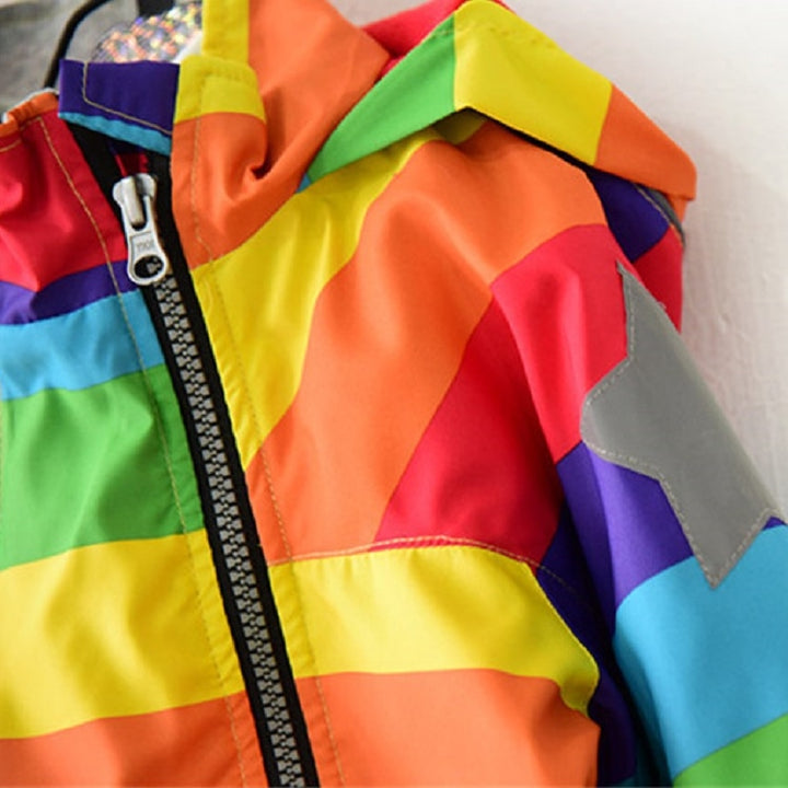 Autumn and Winter Children Fleece Rainbow Striped Diagonal Zipper Hooded Windbreaker, 90cm, 100cm, 110cm, 120cm, 130cm, 140cm