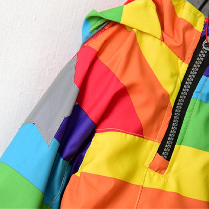 Autumn and Winter Children Fleece Rainbow Striped Diagonal Zipper Hooded Windbreaker, 90cm, 100cm, 110cm, 120cm, 130cm, 140cm