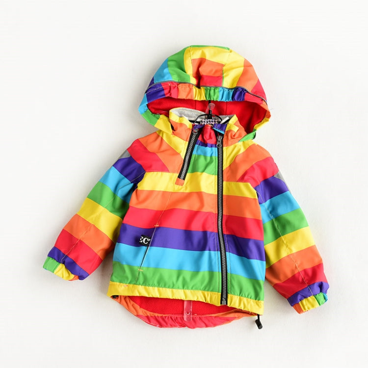 Autumn and Winter Children Fleece Rainbow Striped Diagonal Zipper Hooded Windbreaker, 90cm, 100cm, 110cm, 120cm, 130cm, 140cm