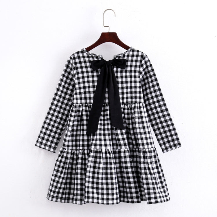 Autumn Girl Cotton Lattice Bow-knot Tie Long Sleeve Dress, 110cm, 120cm, 130cm, 140cm, 150cm, 160cm