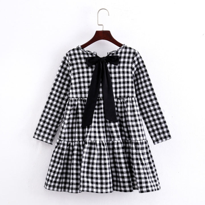 Autumn Girl Cotton Lattice Bow-knot Tie Long Sleeve Dress, 110cm, 120cm, 130cm, 140cm, 150cm, 160cm