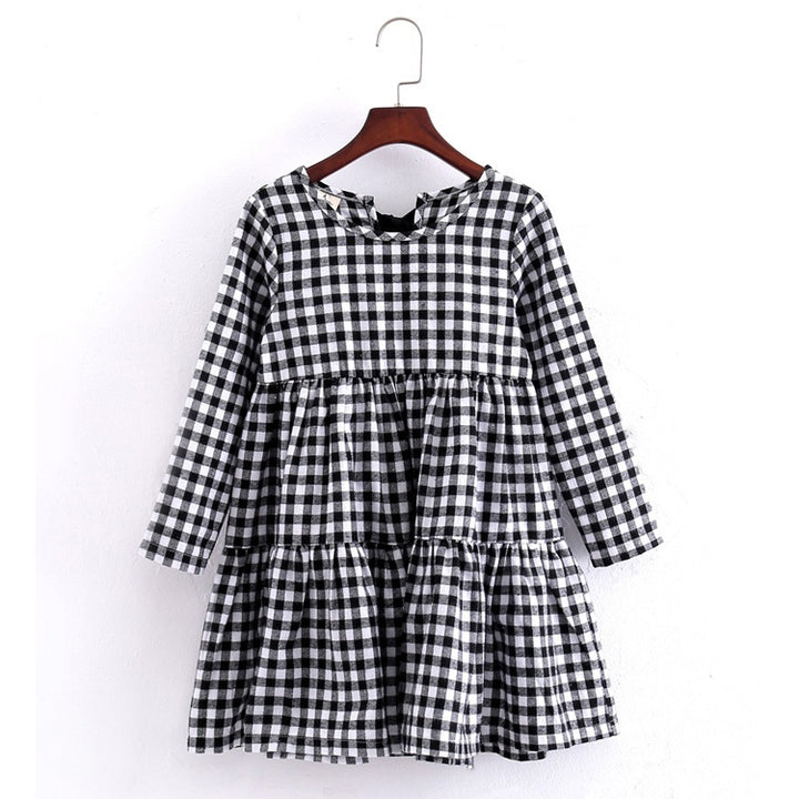 Autumn Girl Cotton Lattice Bow-knot Tie Long Sleeve Dress, 110cm, 120cm, 130cm, 140cm, 150cm, 160cm