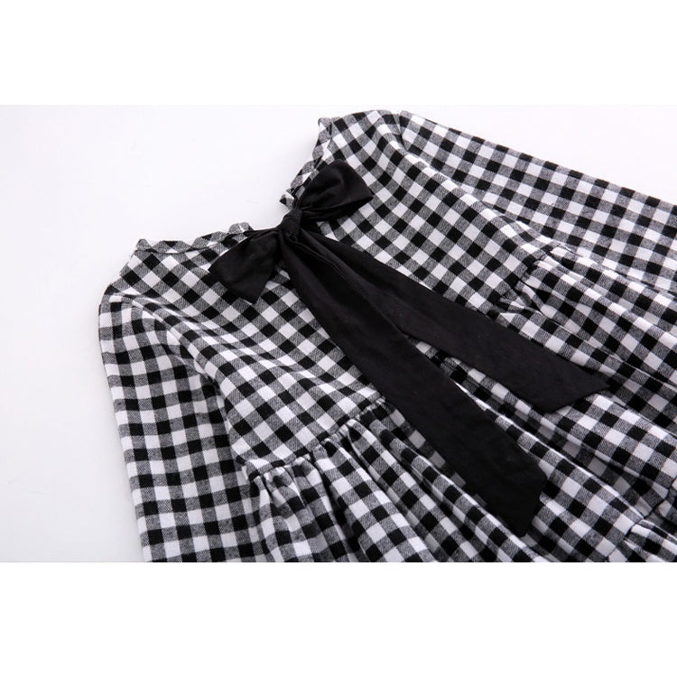 Autumn Girl Cotton Lattice Bow-knot Tie Long Sleeve Dress, 110cm, 120cm, 130cm, 140cm, 150cm, 160cm