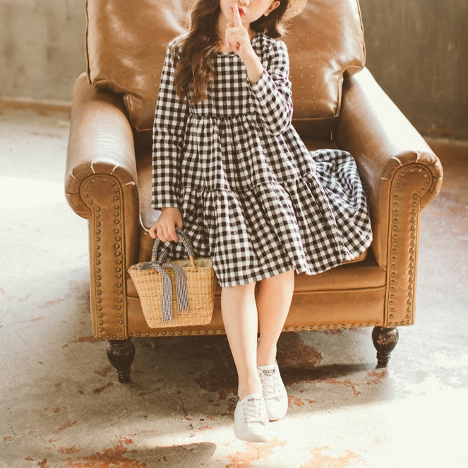 Autumn Girl Cotton Lattice Bow-knot Tie Long Sleeve Dress, 110cm, 120cm, 130cm, 140cm, 150cm, 160cm