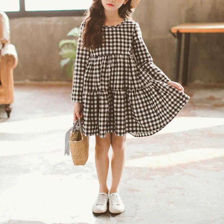 Autumn Girl Cotton Lattice Bow-knot Tie Long Sleeve Dress, 110cm, 120cm, 130cm, 140cm, 150cm, 160cm