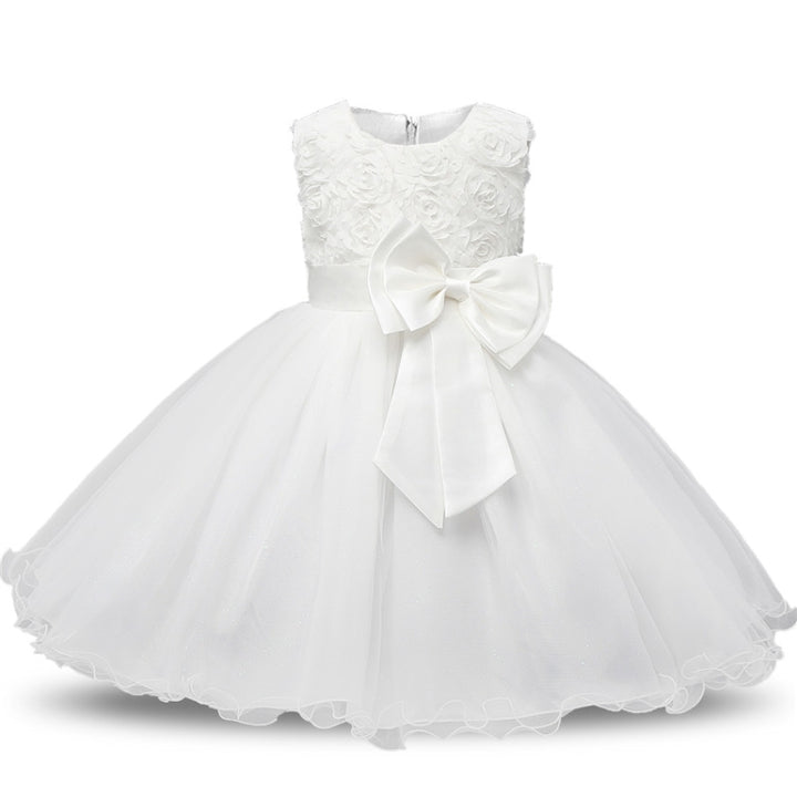 Girls Sleeveless Rose Flower Pattern Bow-knot Lace Dress Show Dress, White   120cm, White   90cm, White   100cm, White   110cm, White   130cm, White   140cm, Pink 90cm, Pink 100cm, Pink 110cm, Pink 120cm