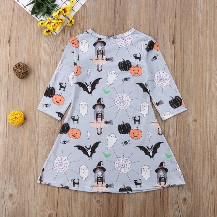 Autumn Girls Cartoon Halloween Print Long Sleeve Dress, 90cm, 100cm, 110cm, 120cm, 130cm