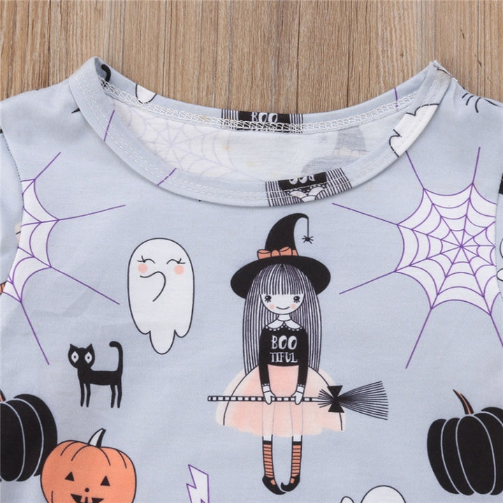 Autumn Girls Cartoon Halloween Print Long Sleeve Dress, 90cm, 100cm, 110cm, 120cm, 130cm