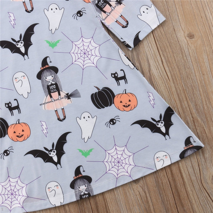 Autumn Girls Cartoon Halloween Print Long Sleeve Dress, 90cm, 100cm, 110cm, 120cm, 130cm