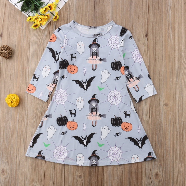 Autumn Girls Cartoon Halloween Print Long Sleeve Dress, 90cm, 100cm, 110cm, 120cm, 130cm