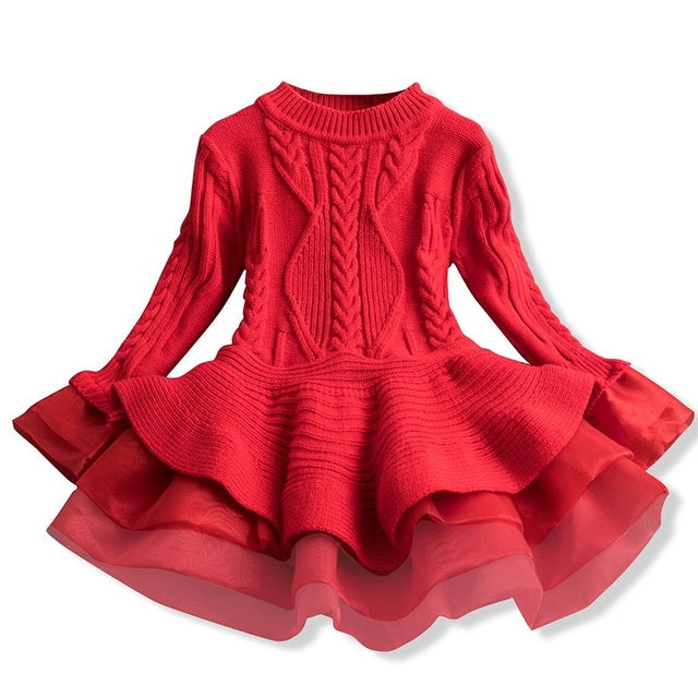 Winter Girls Knit Long Sleeve Sweater Organza Dress Evening Dress, 100cm, 110cm, 120cm, 130cm, 140cm