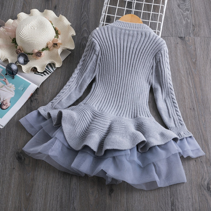 Winter Girls Knit Long Sleeve Sweater Organza Dress Evening Dress, 100cm, 110cm, 120cm, 130cm, 140cm