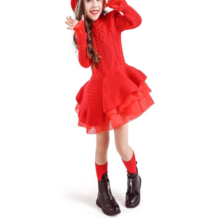 Winter Girls Knit Long Sleeve Sweater Organza Dress Evening Dress, 100cm, 110cm, 120cm, 130cm, 140cm