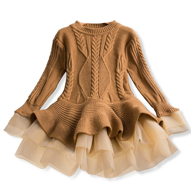 Winter Girls Knit Long Sleeve Sweater Organza Dress Evening Dress, 100cm, 110cm, 120cm, 130cm, 140cm