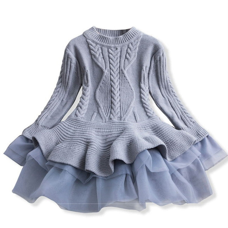 Winter Girls Knit Long Sleeve Sweater Organza Dress Evening Dress, 100cm, 110cm, 120cm, 130cm, 140cm