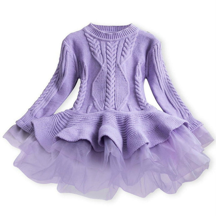 Winter Girls Knit Long Sleeve Sweater Organza Dress Evening Dress, 100cm, 110cm, 120cm, 130cm, 140cm