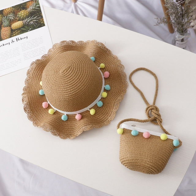 Girls Summer Breathable Straw Braided Floral Shape Border Beach Sun Hat + Small Satchel Set, 50-52cm