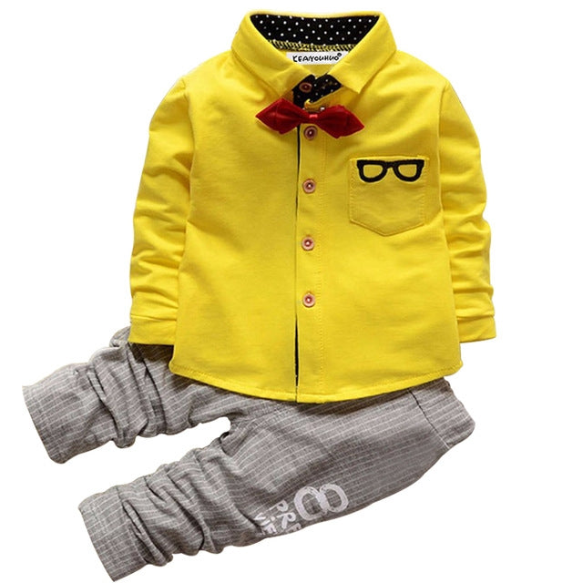 Boys Bow Tie Long Sleeve Top + Letter Print Pattern Pants Set, S, M, X, XL