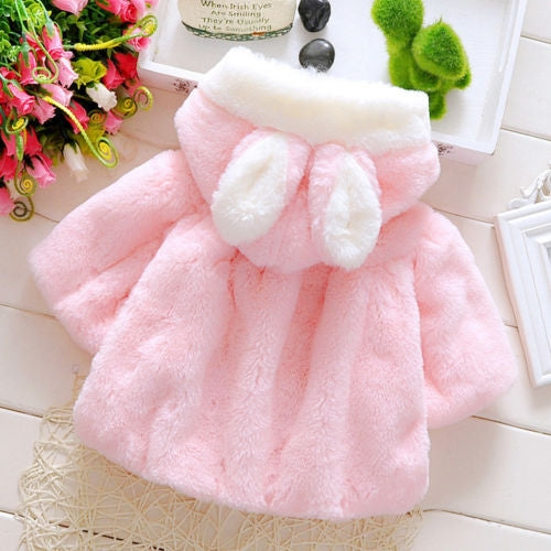 Female Baby Cartoon Rabbit Ears Shape Hooded Imitation Rabbit Fur Shawl Coat, 70cm/6, 80cm/8, 90cm/10, 100cm/12