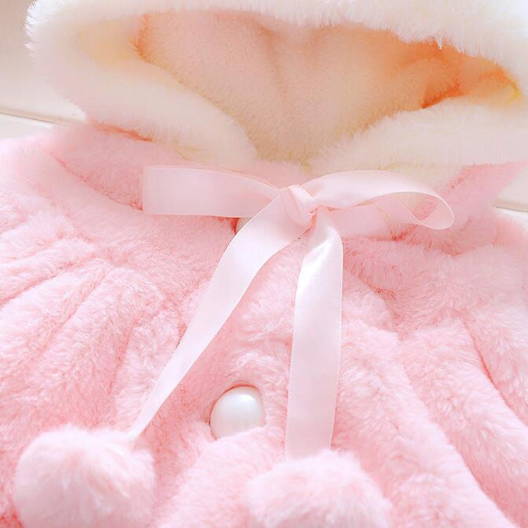 Female Baby Cartoon Rabbit Ears Shape Hooded Imitation Rabbit Fur Shawl Coat, 70cm/6, 80cm/8, 90cm/10, 100cm/12