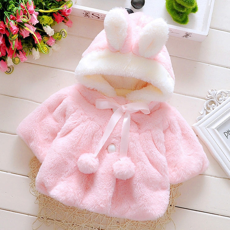 Female Baby Cartoon Rabbit Ears Shape Hooded Imitation Rabbit Fur Shawl Coat, 70cm/6, 80cm/8, 90cm/10, 100cm/12