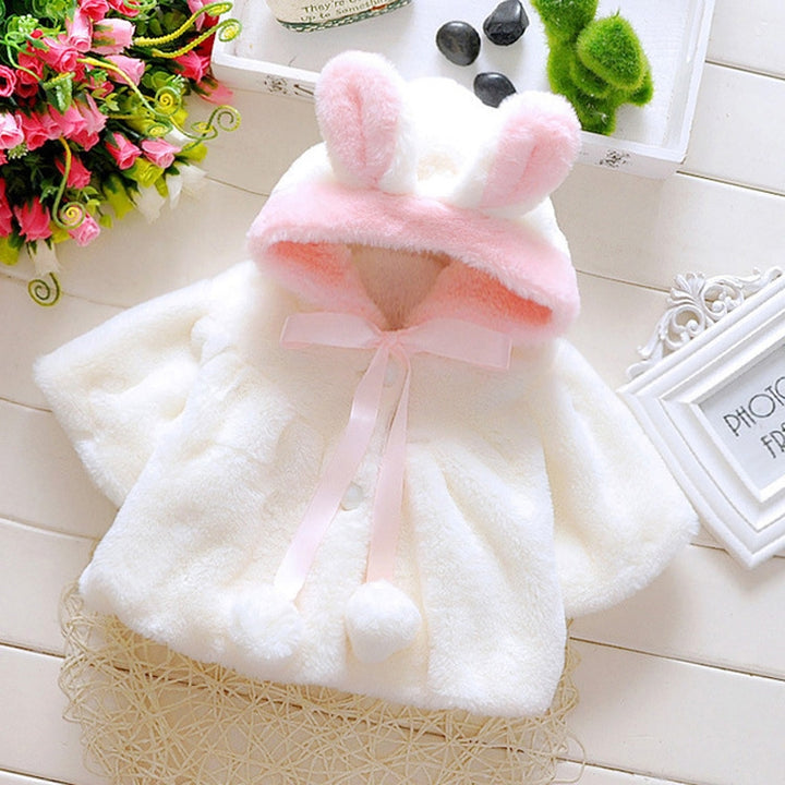 Female Baby Cartoon Rabbit Ears Shape Hooded Imitation Rabbit Fur Shawl Coat, 70cm/6, 80cm/8, 90cm/10, 100cm/12