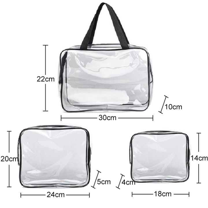 Portable Travel Zip Look PVC Bags Waterproof Transparent Makeup Storage Bag, S, M, L, 3Pcs Set