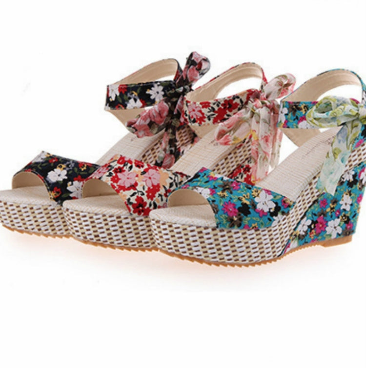 Bohemian Thick-Bottomed Fish Mouth Wedge With High-Heeled Flowers Wild Women's Shoes, 35, 36, 37, 38, 39, 40