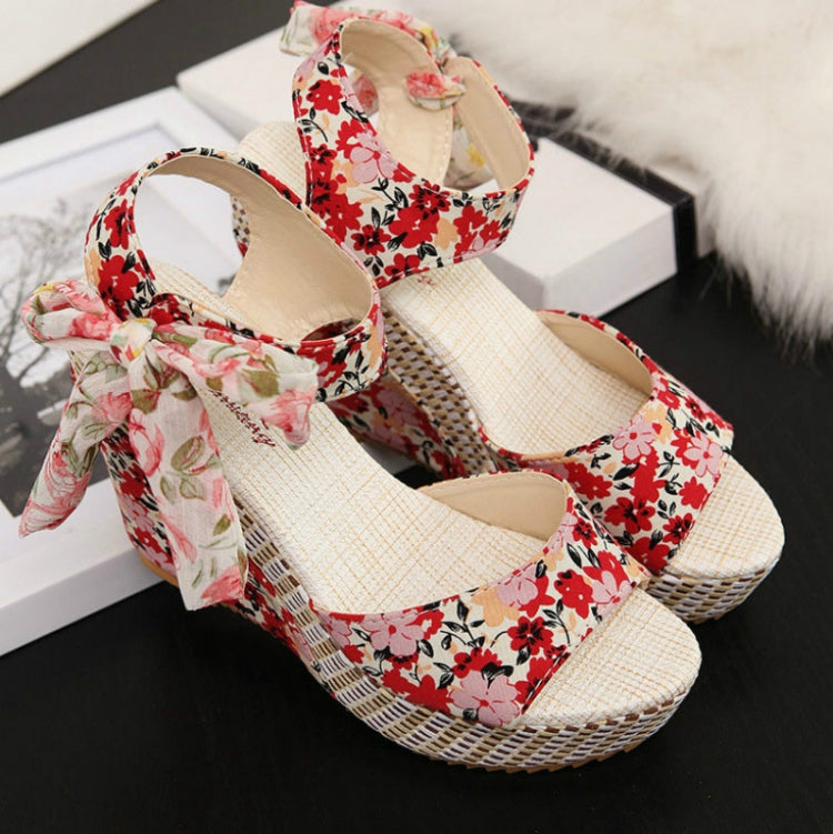 Bohemian Thick-Bottomed Fish Mouth Wedge With High-Heeled Flowers Wild Women's Shoes, 35, 36, 37, 38, 39, 40