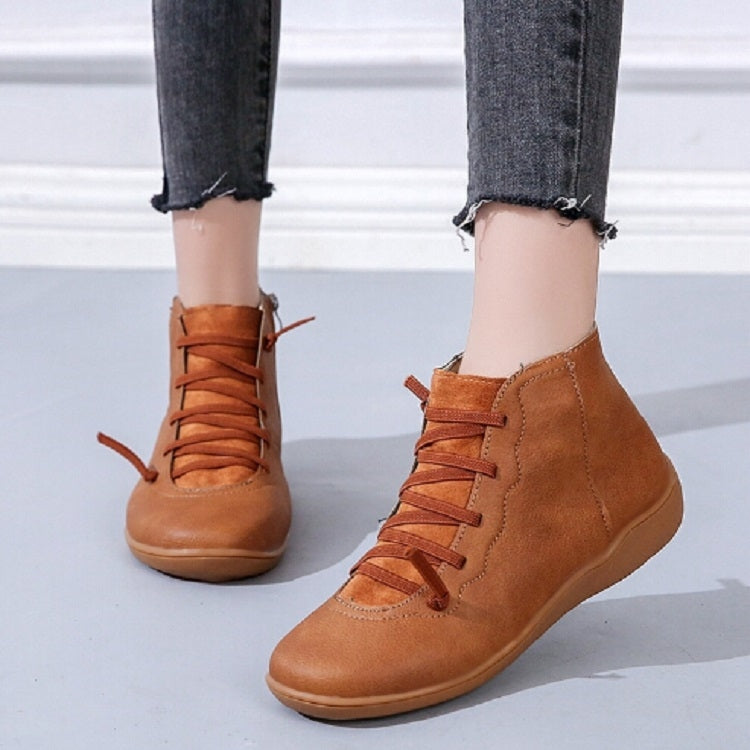 PU Boots Lace-Up Retro Flat Women Boots, 35, 36, 37, 38, 39, 40, 41, 42