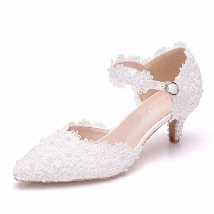 Women Shoes Lace Pearl Princess Pointed Shoes, 34, 35, 36, 37, 38, 39, 40, 41, 42