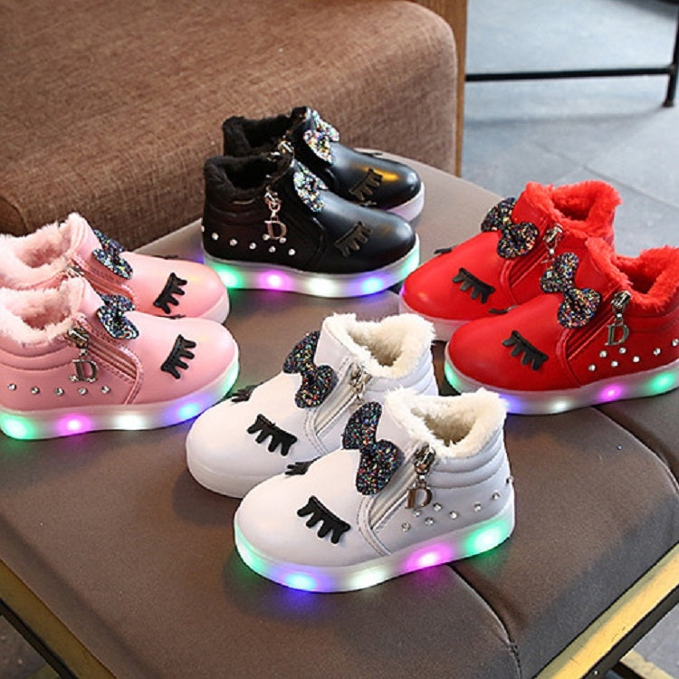 Kids Shoes Baby Infant Girls Eyelash Crystal Bowknot LED Luminous Boots Shoes Sneakers, 21, 22, 23, 24